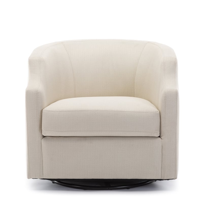 Infinity White Linen Fabric Upholstered Modern Swivel and Rocker Barrel Chair