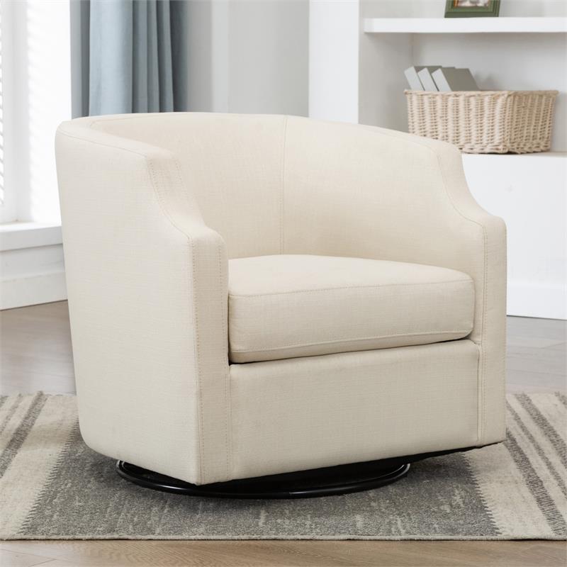 Infinity White Linen Fabric Upholstered Modern Swivel and Rocker Barrel Chair
