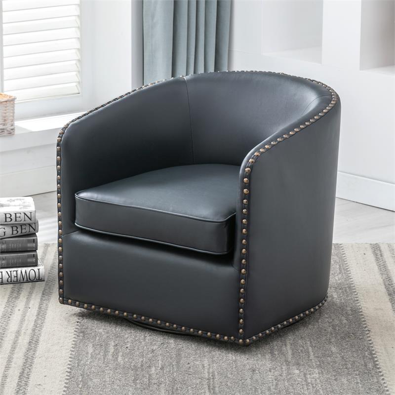 Tyler Midnight Blue Faux Leather Swivel Arm Chair with Nailhead Trim