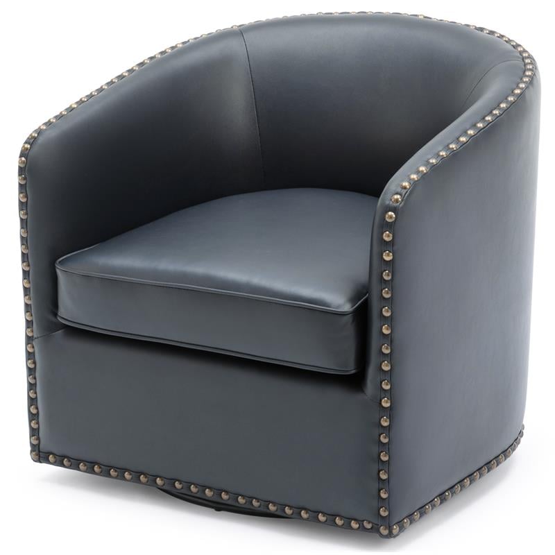 Tyler Midnight Blue Faux Leather Swivel Arm Chair with Nailhead Trim