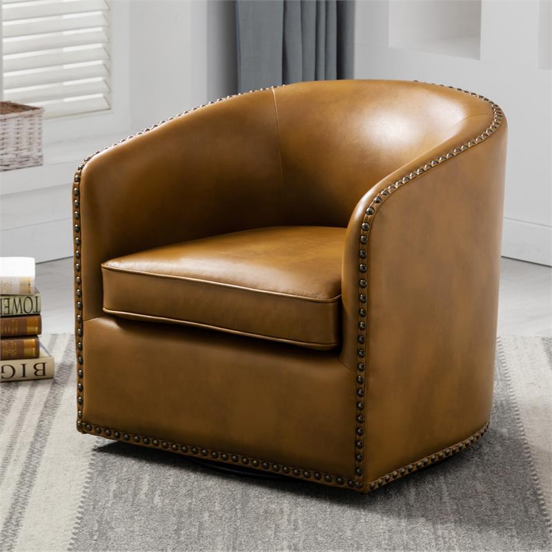 Tyler Camel Brown Faux Leather Swivel Arm Chair with Nailhead Trim