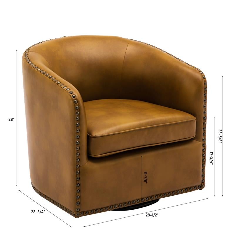 Tyler Camel Brown Faux Leather Swivel Arm Chair with Nailhead Trim