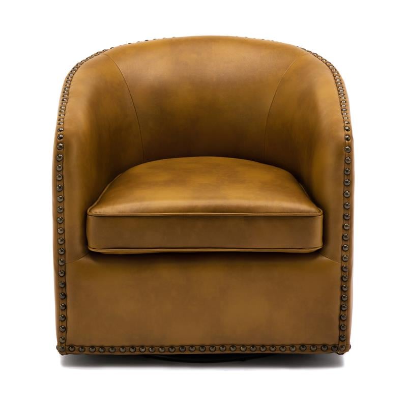 Tyler Camel Brown Faux Leather Swivel Arm Chair with Nailhead Trim