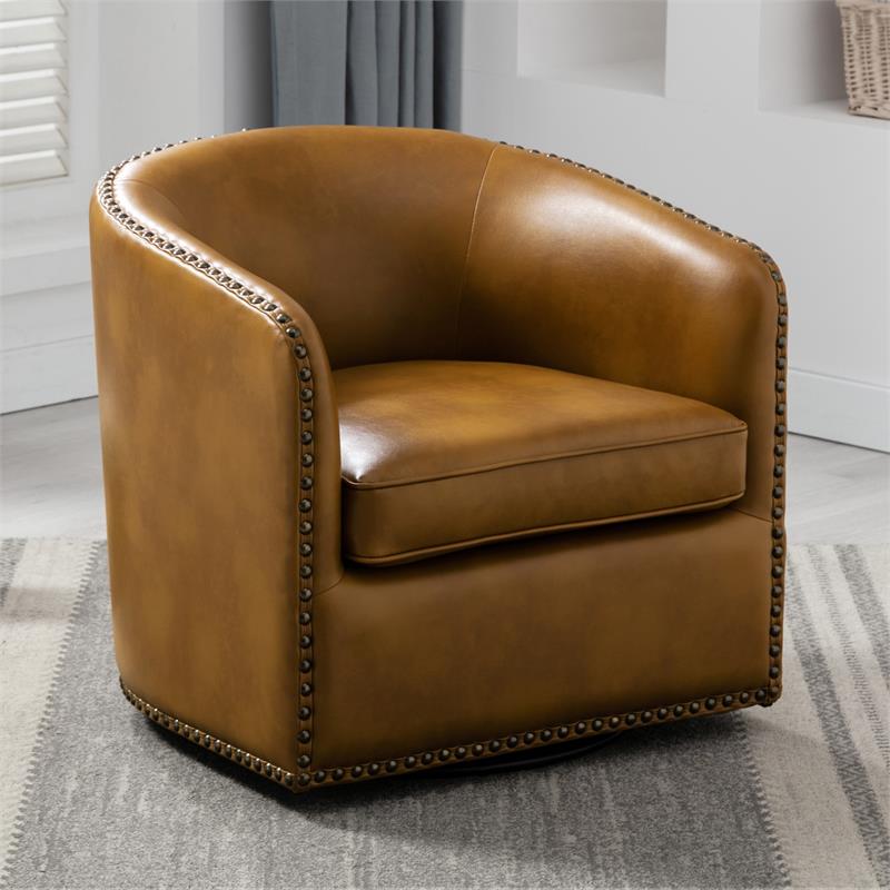 Tyler Camel Brown Faux Leather Swivel Arm Chair with Nailhead Trim