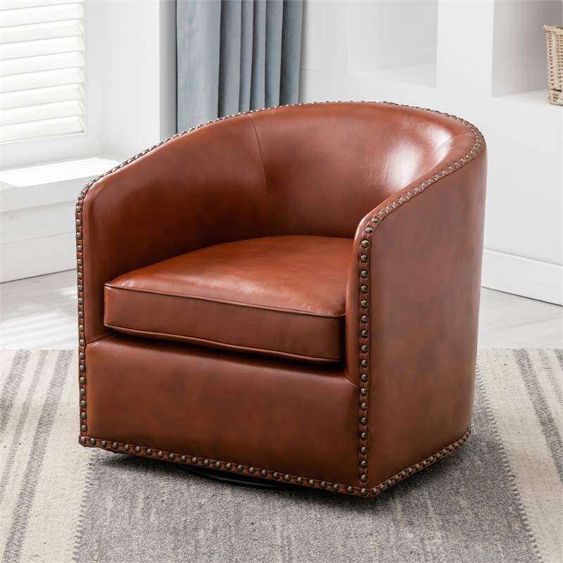 Tyler Caramel Brown Faux Leather Swivel Arm Chair with Nailhead Trim