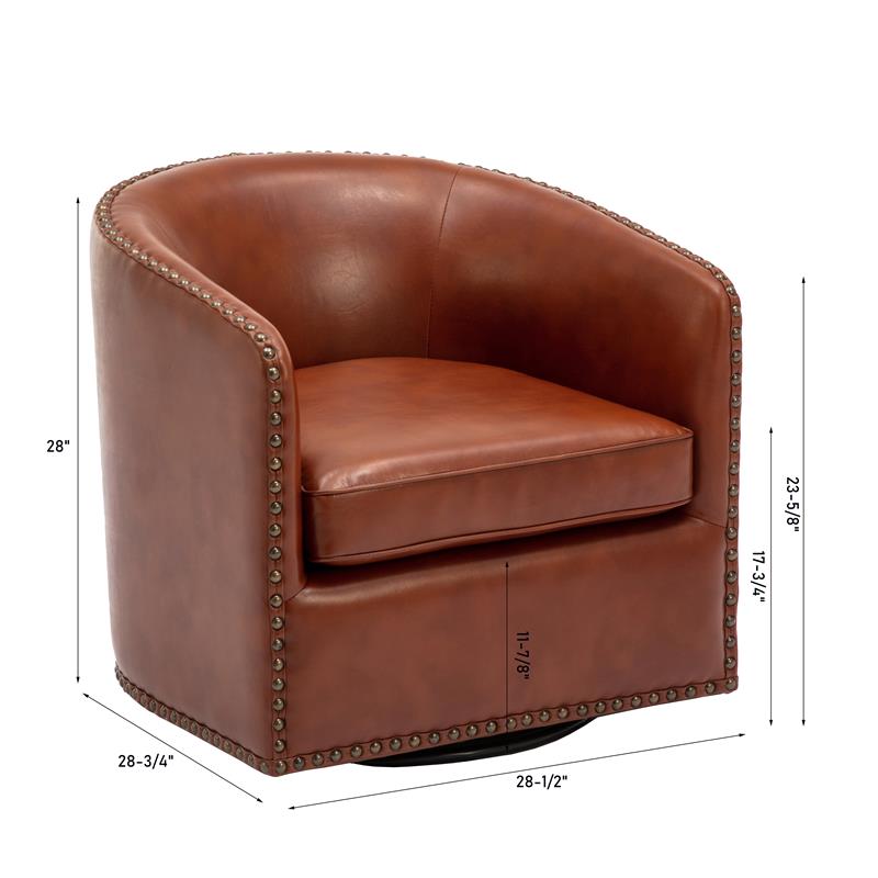 Tyler Caramel Brown Faux Leather Swivel Arm Chair with Nailhead Trim