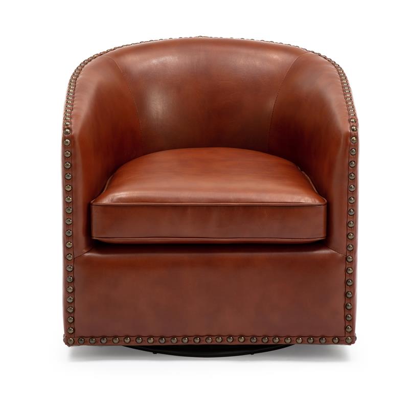 Tyler Caramel Brown Faux Leather Swivel Arm Chair with Nailhead Trim