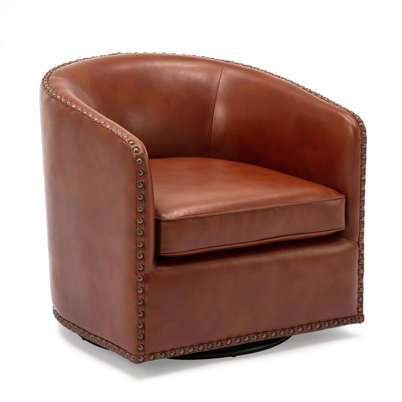 Tyler Caramel Brown Faux Leather Swivel Arm Chair with Nailhead Trim