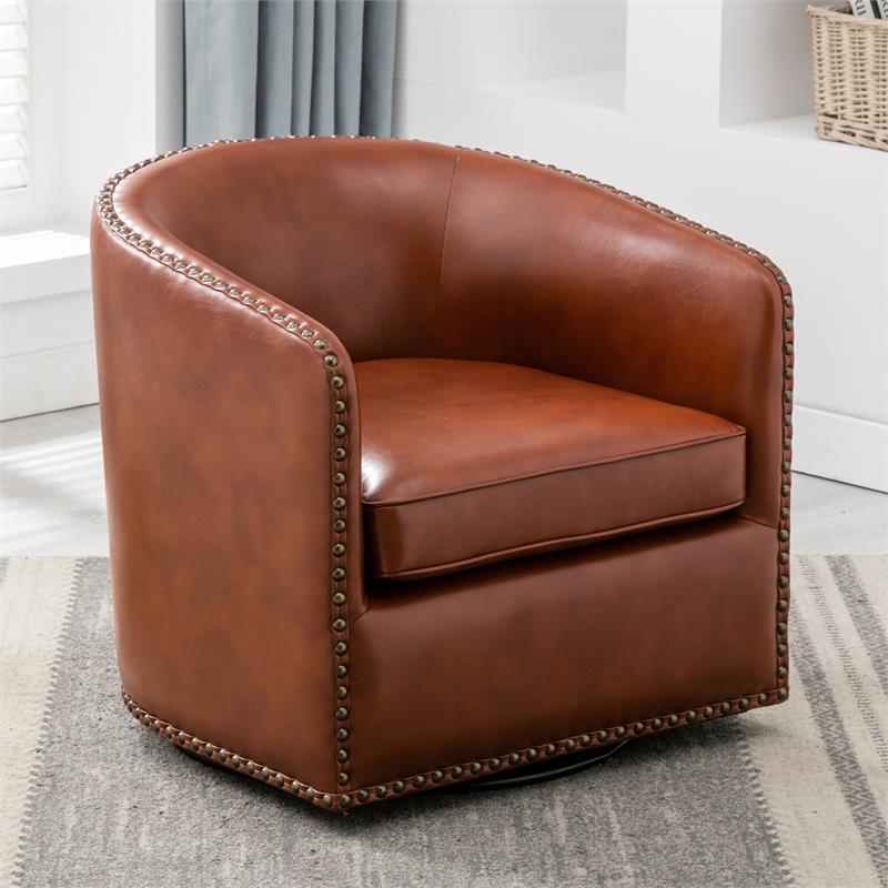 Tyler Caramel Brown Faux Leather Swivel Arm Chair with Nailhead Trim