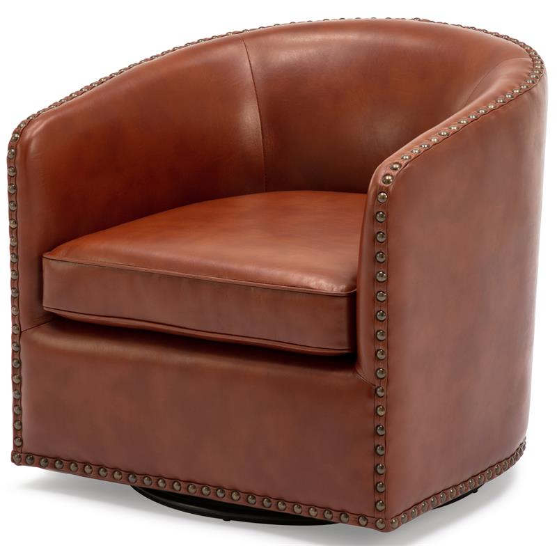 Tyler Caramel Brown Faux Leather Swivel Arm Chair with Nailhead Trim