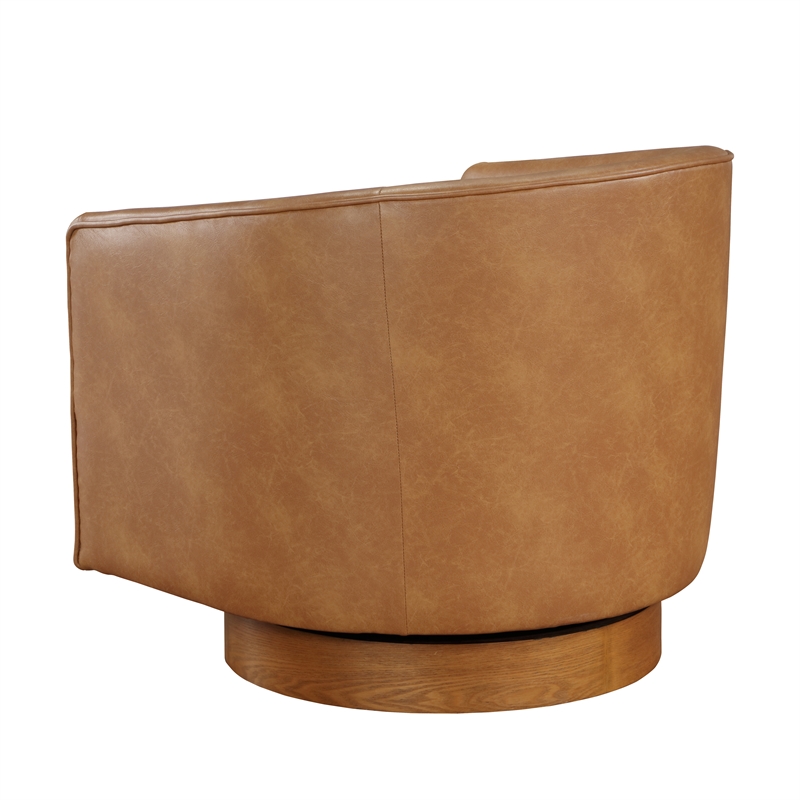 Comfort Pointe Irving Saddle Brown Faux Leather Wood Base Barrel Swivel Chair