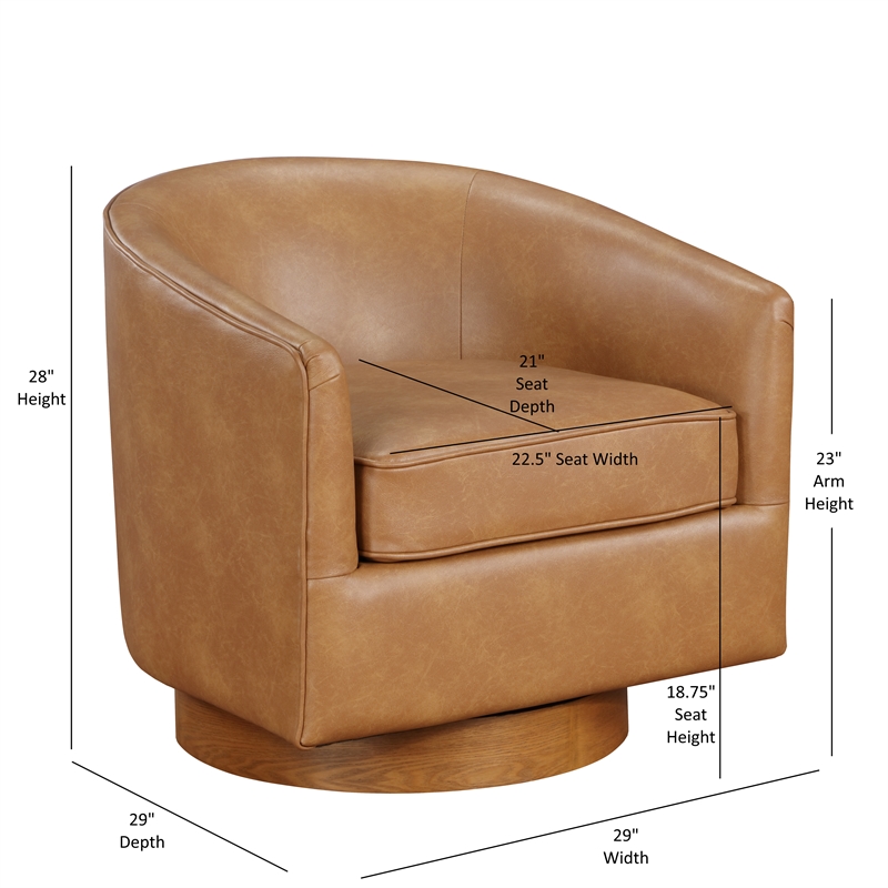Comfort Pointe Irving Saddle Brown Faux Leather Wood Base Barrel Swivel Chair