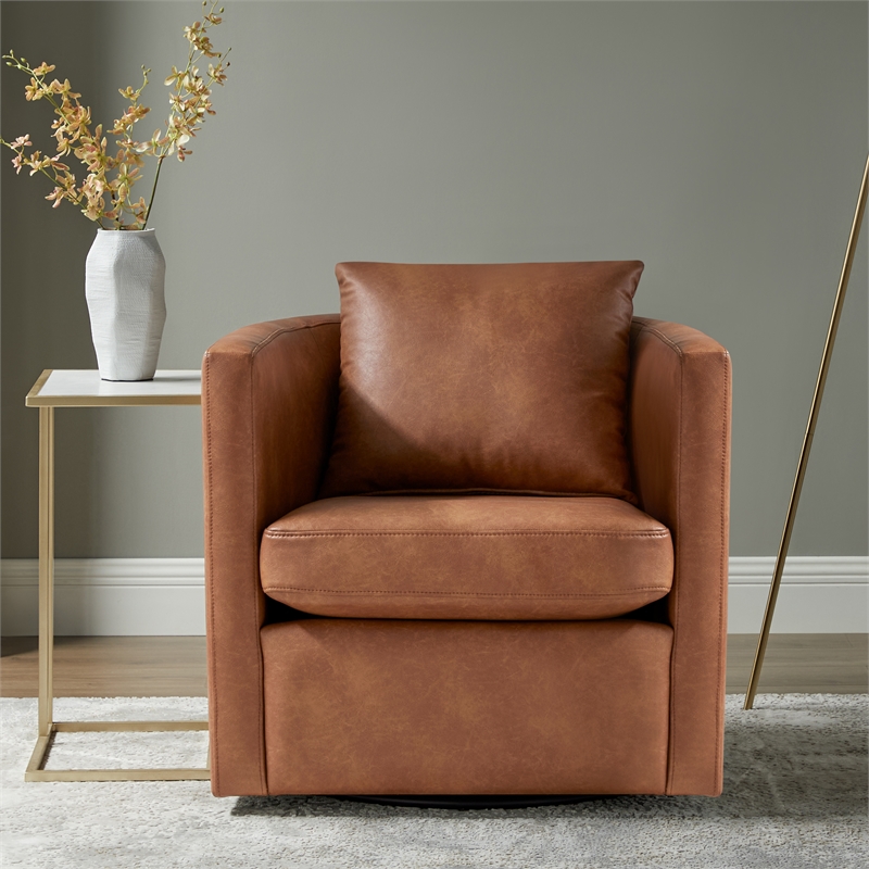 Comfort Pointe Sheldon Saddle Brown Faux Leather Swivel Barrel Chair