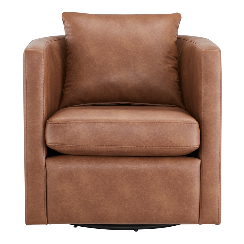 Comfort Pointe Sheldon Saddle Brown Faux Leather Swivel Barrel Chair