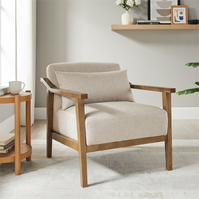 Comfort Pointe Rayn Wood Arm Beige Fabric Accent Chair with Lumbar Pillow