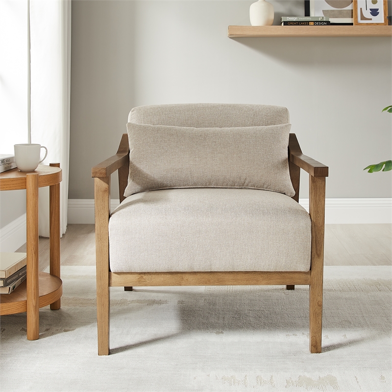 Comfort Pointe Rayn Wood Arm Beige Fabric Accent Chair with Lumbar Pillow