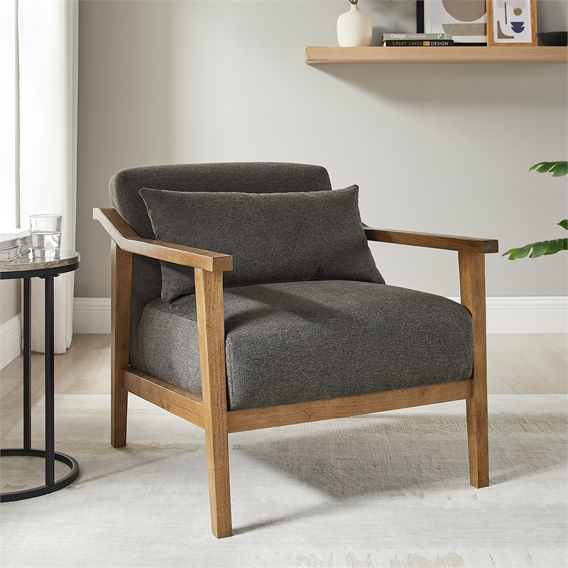 Comfort Pointe Rayn Wood Arm Charcoal Fabric Accent Chair with Lumbar Pillow