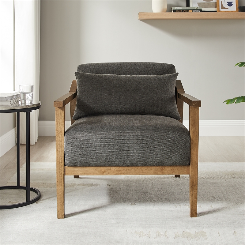Comfort Pointe Rayn Wood Arm Charcoal Fabric Accent Chair with Lumbar Pillow