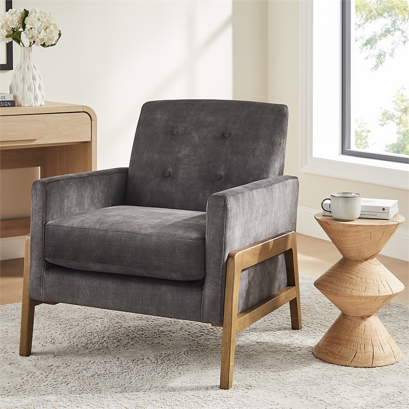 Comfort Pointe Macon Wood Arm Charcoal Fabric Tufted Back Accent Chair