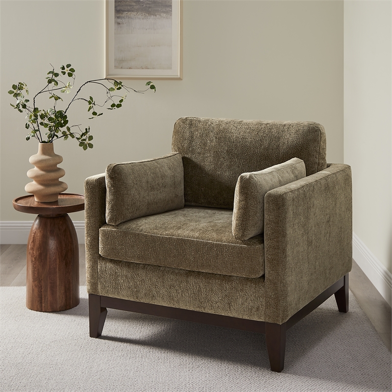 Chios Modern Arm Chair in Plush Caper Green Fabric with Wooden Base