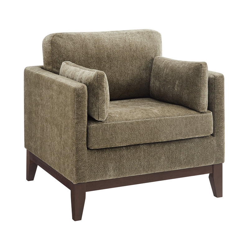 Chios Modern Arm Chair in Plush Caper Green Fabric with Wooden Base