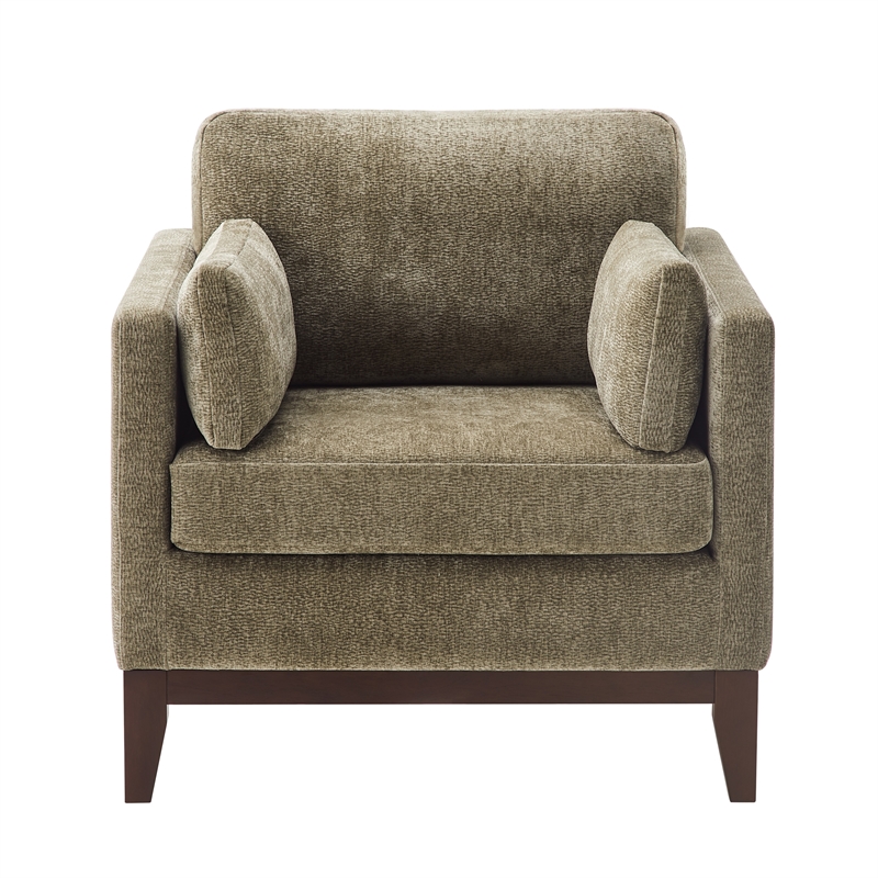 Chios Modern Arm Chair in Plush Caper Green Fabric with Wooden Base