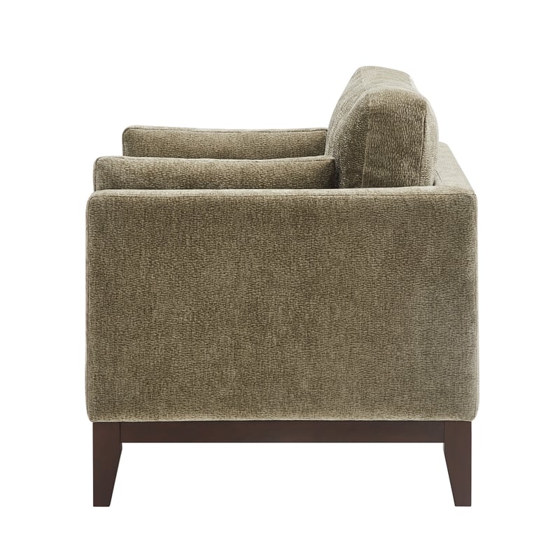 Chios Modern Arm Chair in Plush Caper Green Fabric with Wooden Base