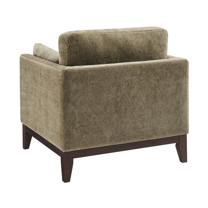 Chios Modern Arm Chair in Plush Caper Green Fabric with Wooden Base