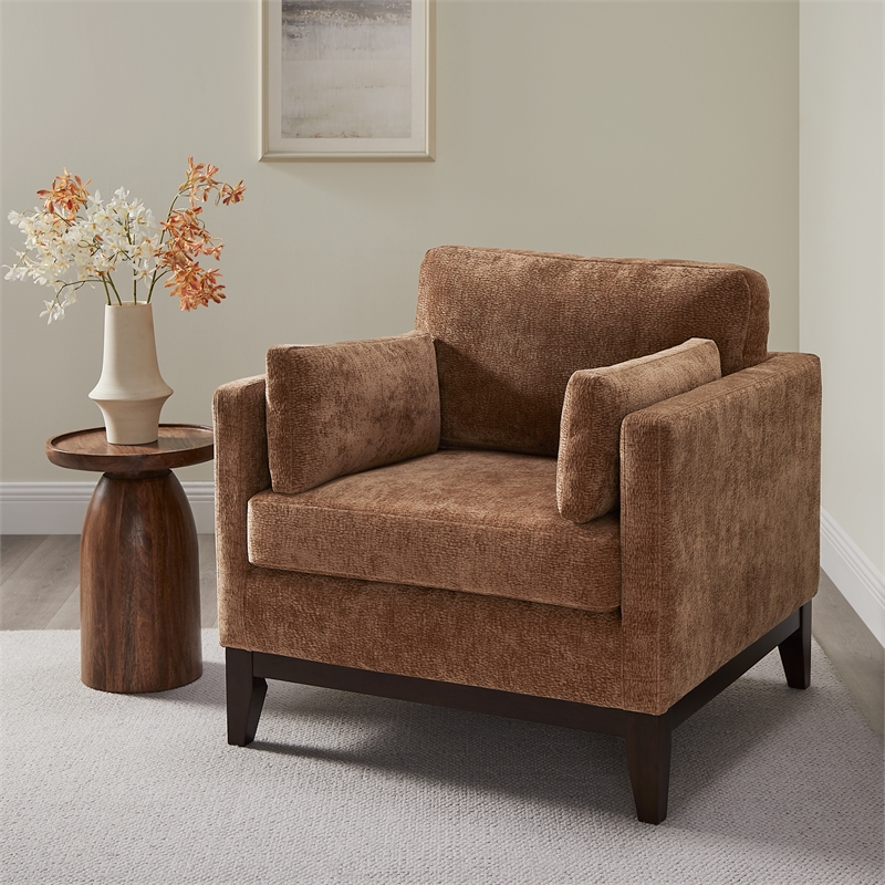 Chios Modern Arm Chair in Plush Bark Brown Fabric with Wooden Base