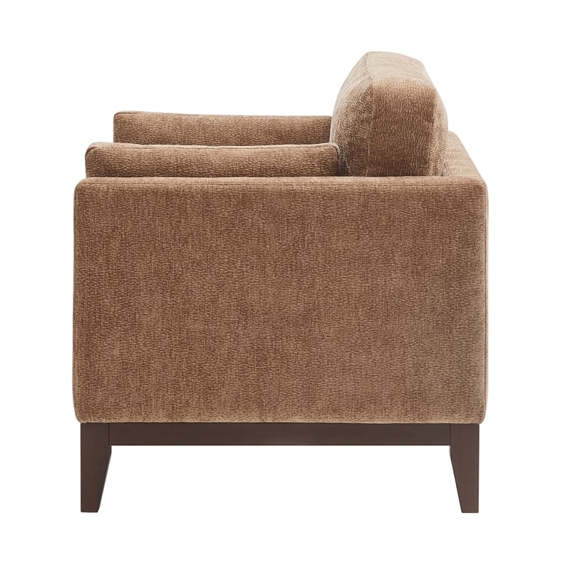 Chios Modern Arm Chair in Plush Bark Brown Fabric with Wooden Base
