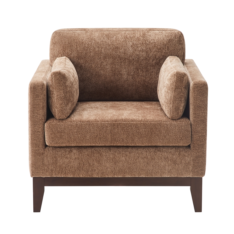 Chios Modern Arm Chair in Plush Bark Brown Fabric with Wooden Base