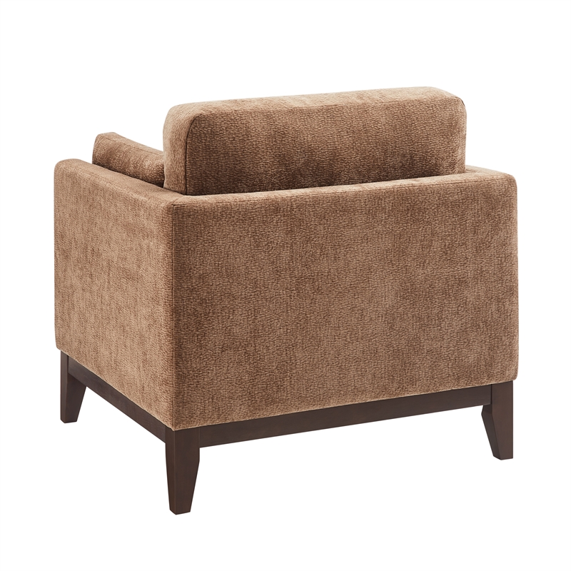 Chios Modern Arm Chair in Plush Bark Brown Fabric with Wooden Base
