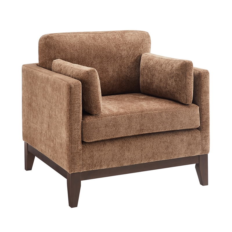 Chios Modern Arm Chair in Plush Bark Brown Fabric with Wooden Base