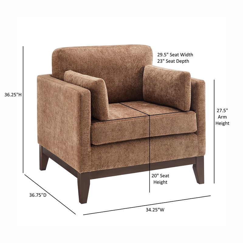 Chios Modern Arm Chair in Plush Bark Brown Fabric with Wooden Base