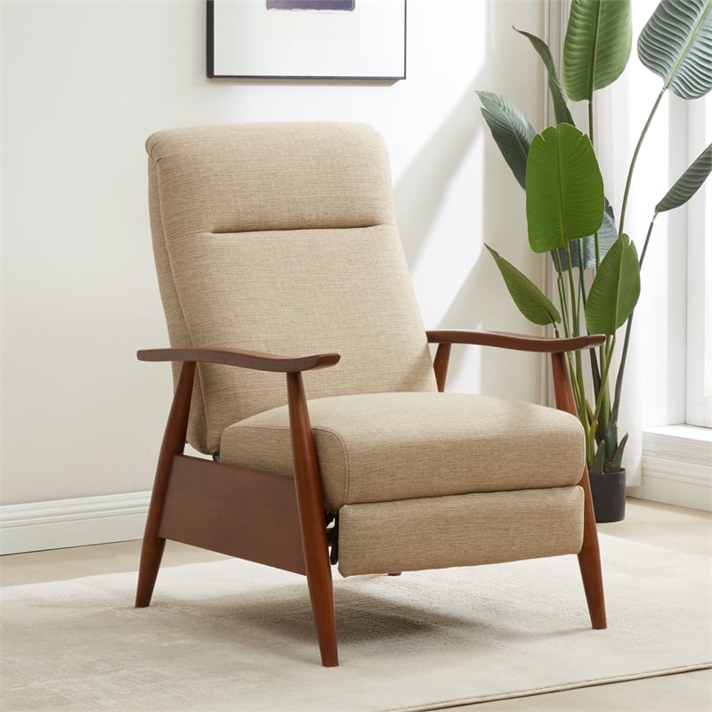 Terni Wood Arm Push Back Recliner in Performance Fabric - Rawhide Beige