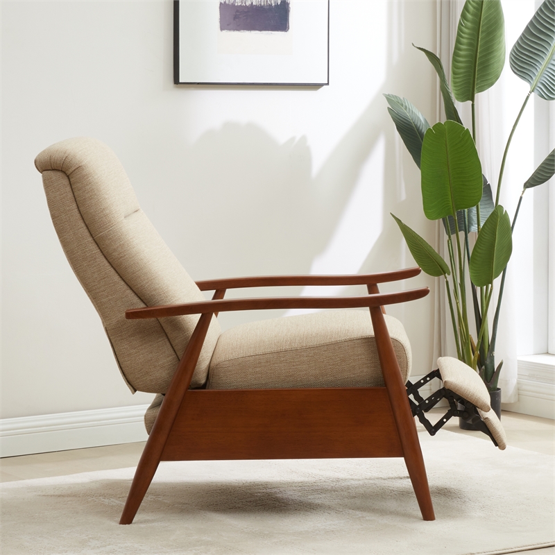 Terni Wood Arm Push Back Recliner in Performance Fabric - Rawhide Beige