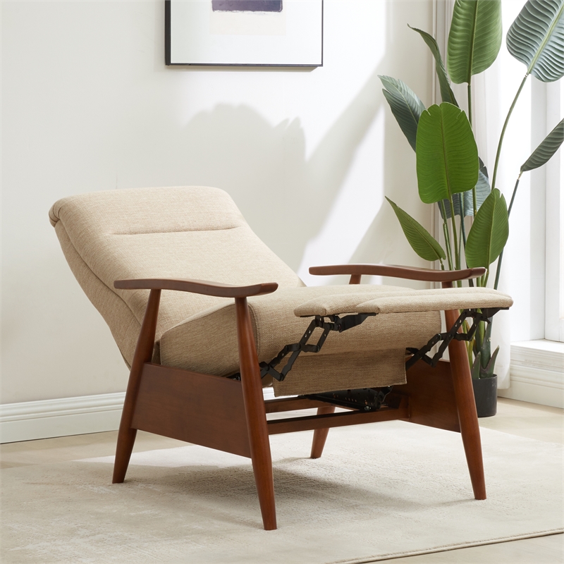 Terni Wood Arm Push Back Recliner in Performance Fabric - Rawhide Beige