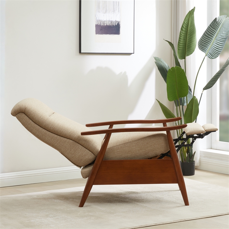 Terni Wood Arm Push Back Recliner in Performance Fabric - Rawhide Beige