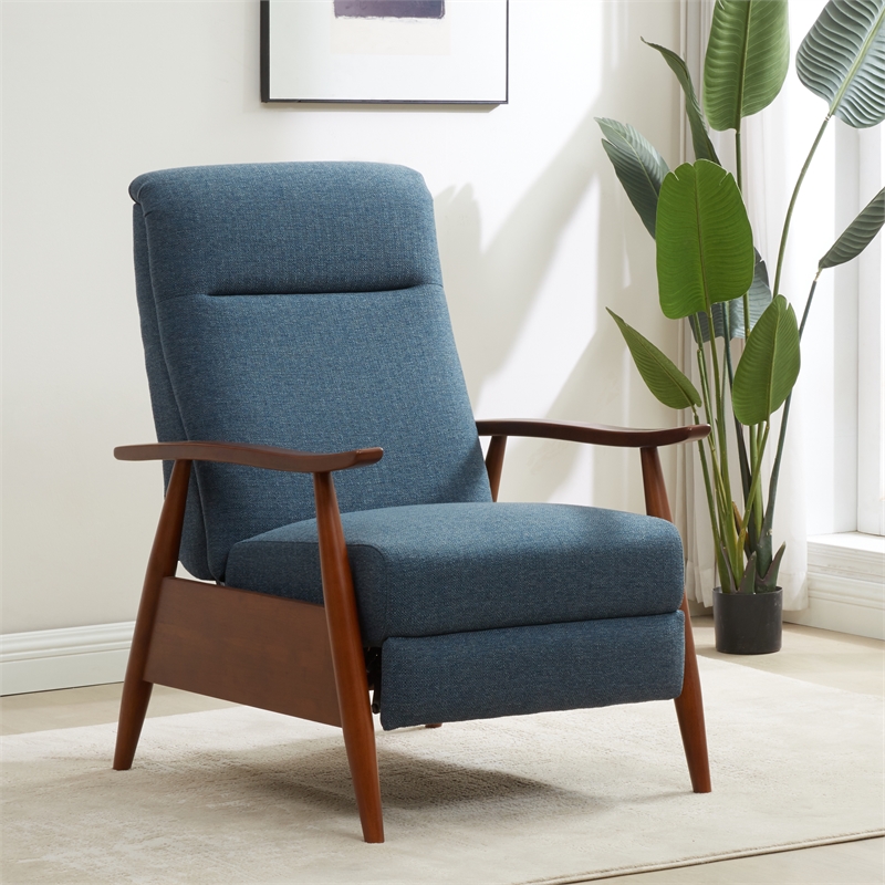 Terni Wood Arm Push Back Recliner in Performance Fabric - Denim Blue