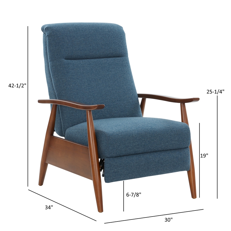 Terni Wood Arm Push Back Recliner in Performance Fabric - Denim Blue