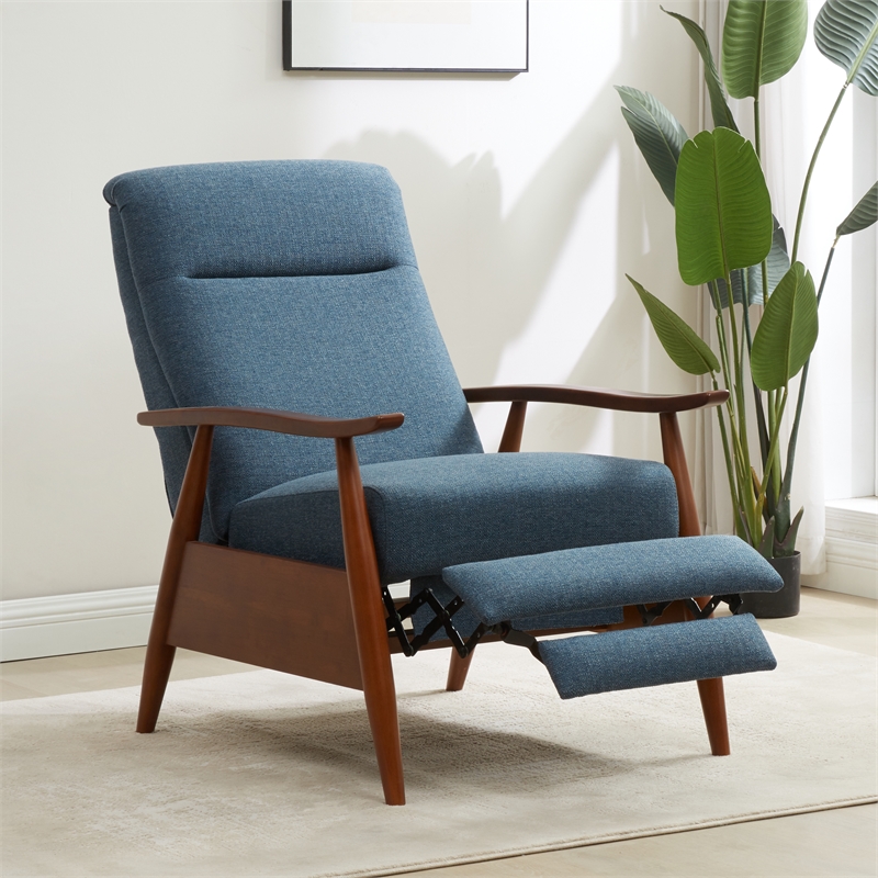 Terni Wood Arm Push Back Recliner in Performance Fabric - Denim Blue