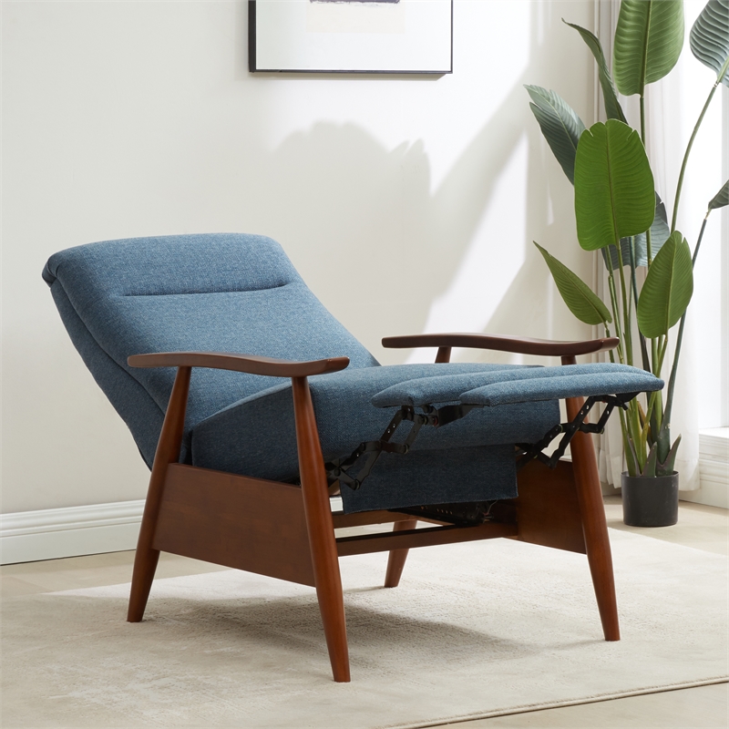 Terni Wood Arm Push Back Recliner in Performance Fabric - Denim Blue