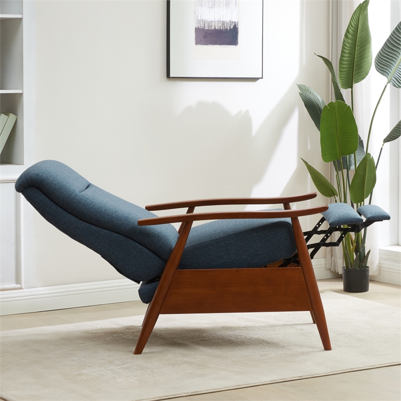 Terni Wood Arm Push Back Recliner in Performance Fabric - Denim Blue