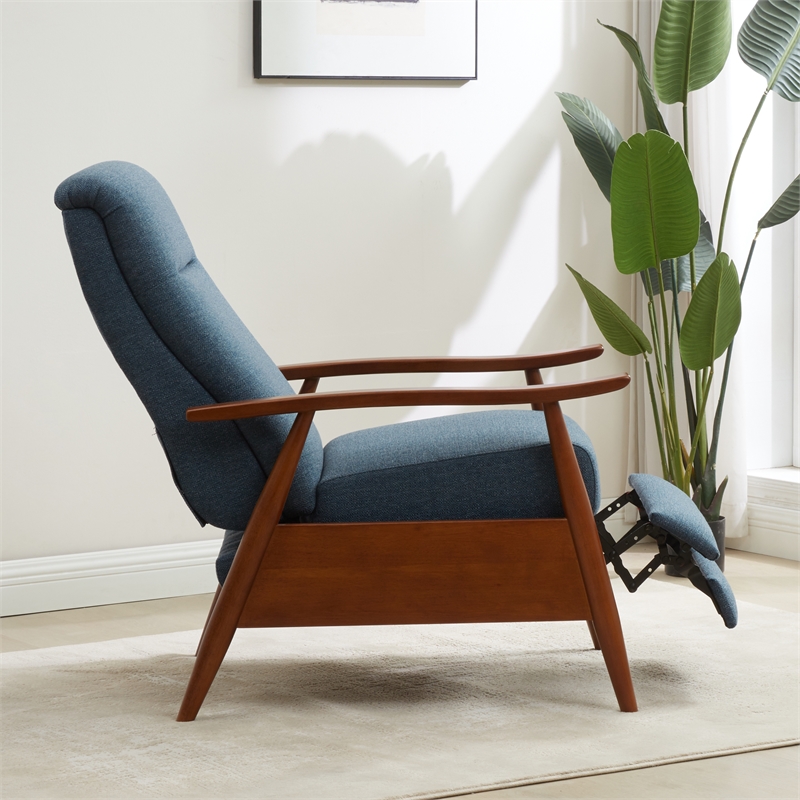 Terni Wood Arm Push Back Recliner in Performance Fabric - Denim Blue