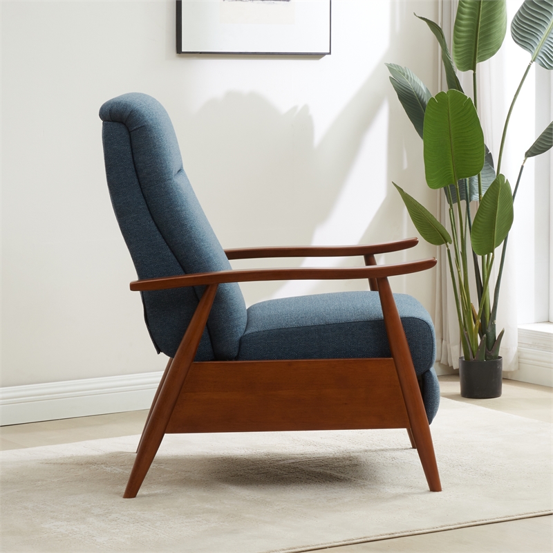 Terni Wood Arm Push Back Recliner in Performance Fabric - Denim Blue