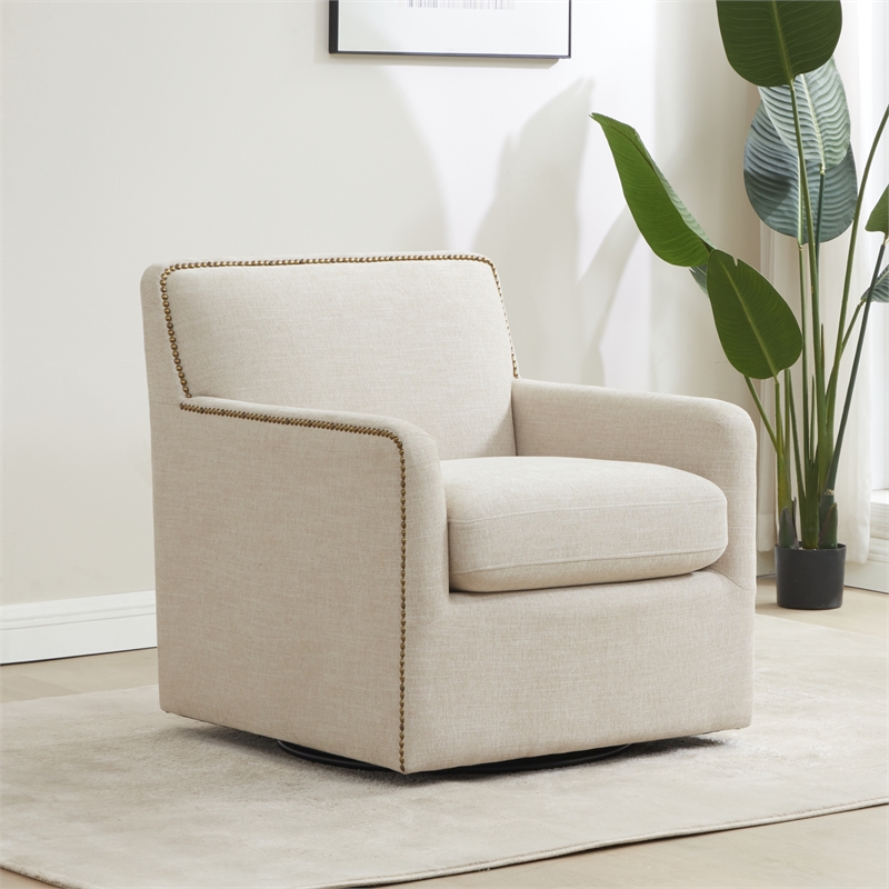 Comfort Pointe Tolland Beige Polyester Swivel Accent Chair with Nailhead Trim
