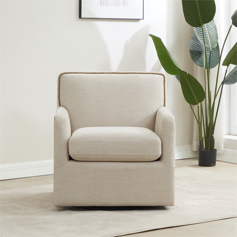 Comfort Pointe Tolland Beige Polyester Swivel Accent Chair with Nailhead Trim