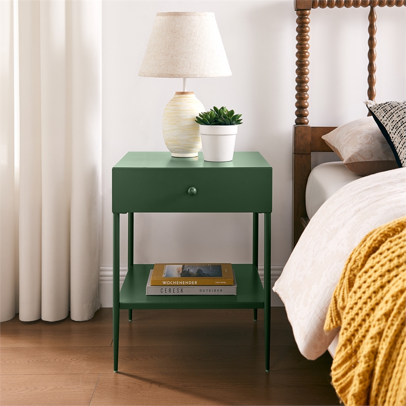 Chalamet Vintage Green Metal 1-Drawer Nightstand with Open Shelf