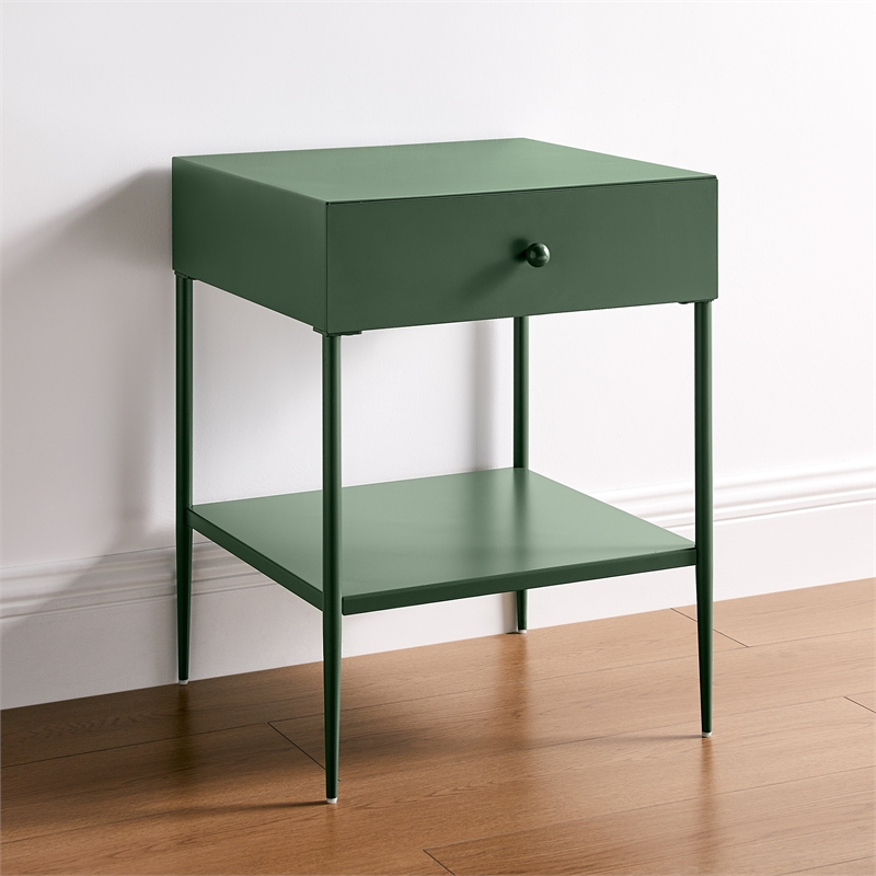 Chalamet Vintage Green Metal 1-Drawer Nightstand with Open Shelf