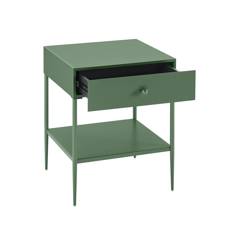 Chalamet Vintage Green Metal 1-Drawer Nightstand with Open Shelf